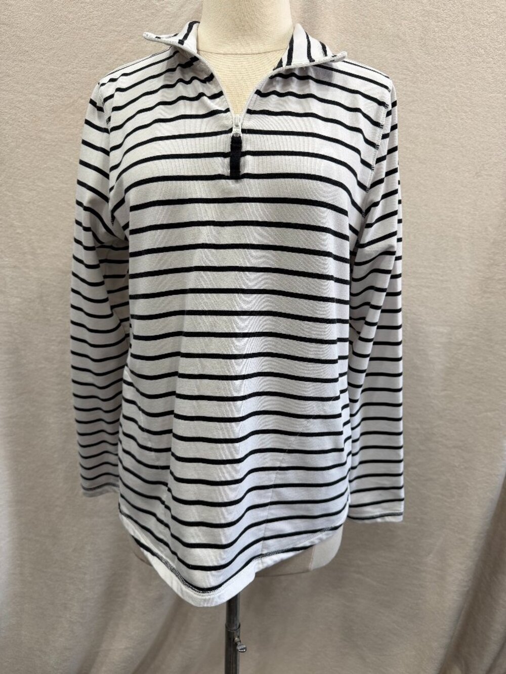 St John’s Bay Striped Quarter Zip Pullover Medium Black White Stretch Casual Top